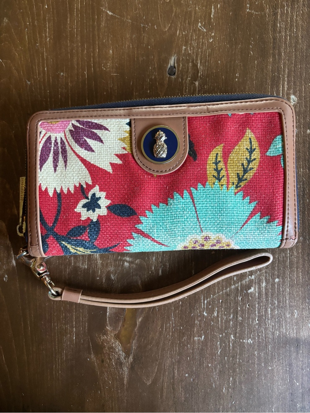 Spartina 449 Red Floral Canvas Wristlet Zip Wallet with Tan Trim